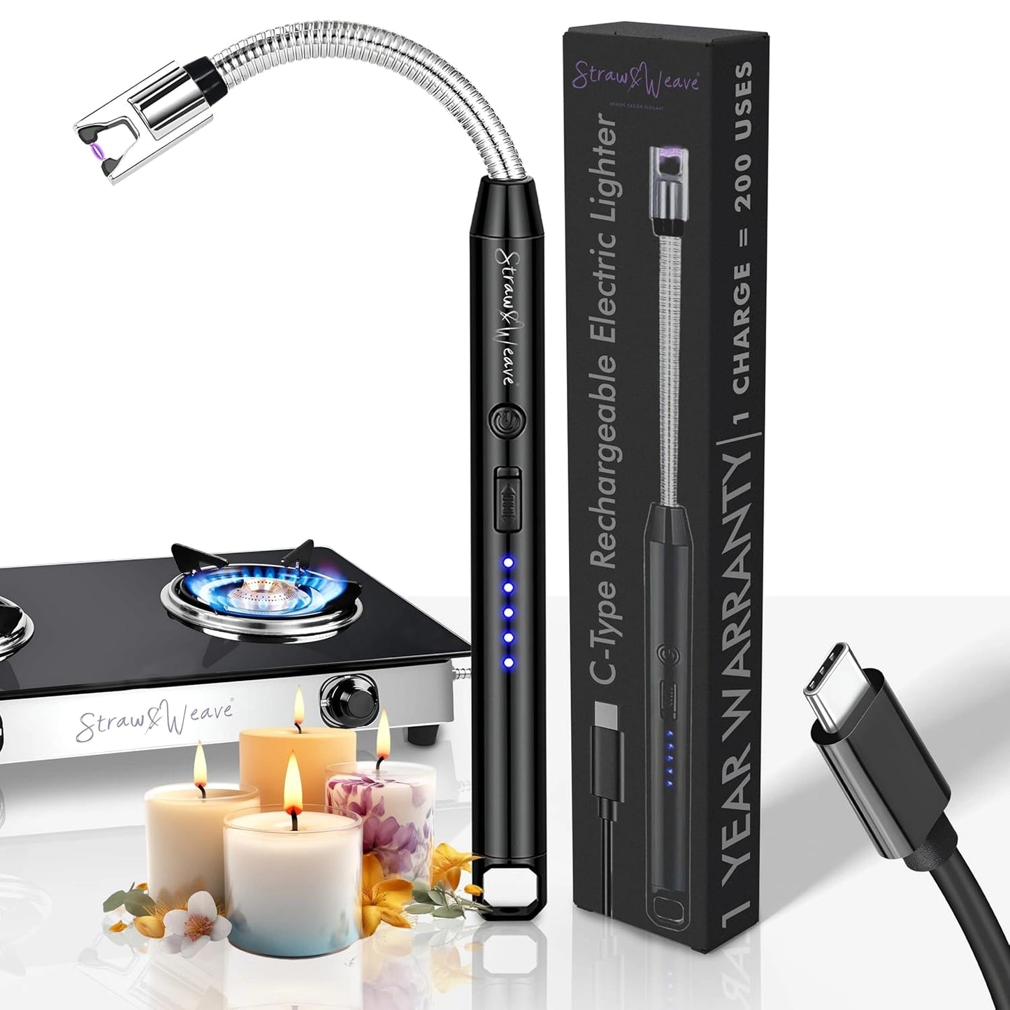 Rechargeable Electric Arc Windproof Lighter for Gas Stove, Candles, Pooja, C-Type USB, Kitchen Tools