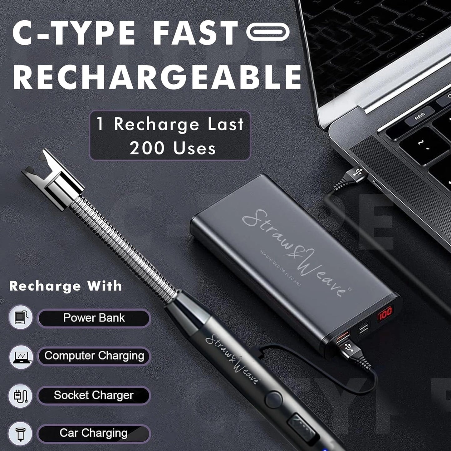 Rechargeable Electric Arc Windproof Lighter for Gas Stove, Candles, Pooja, C-Type USB, Kitchen Tools