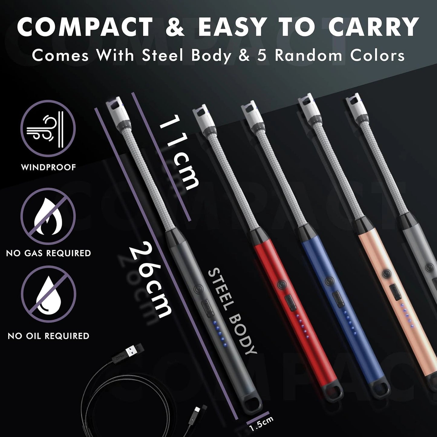 Rechargeable Electric Arc Windproof Lighter for Gas Stove, Candles, Pooja, C-Type USB, Kitchen Tools